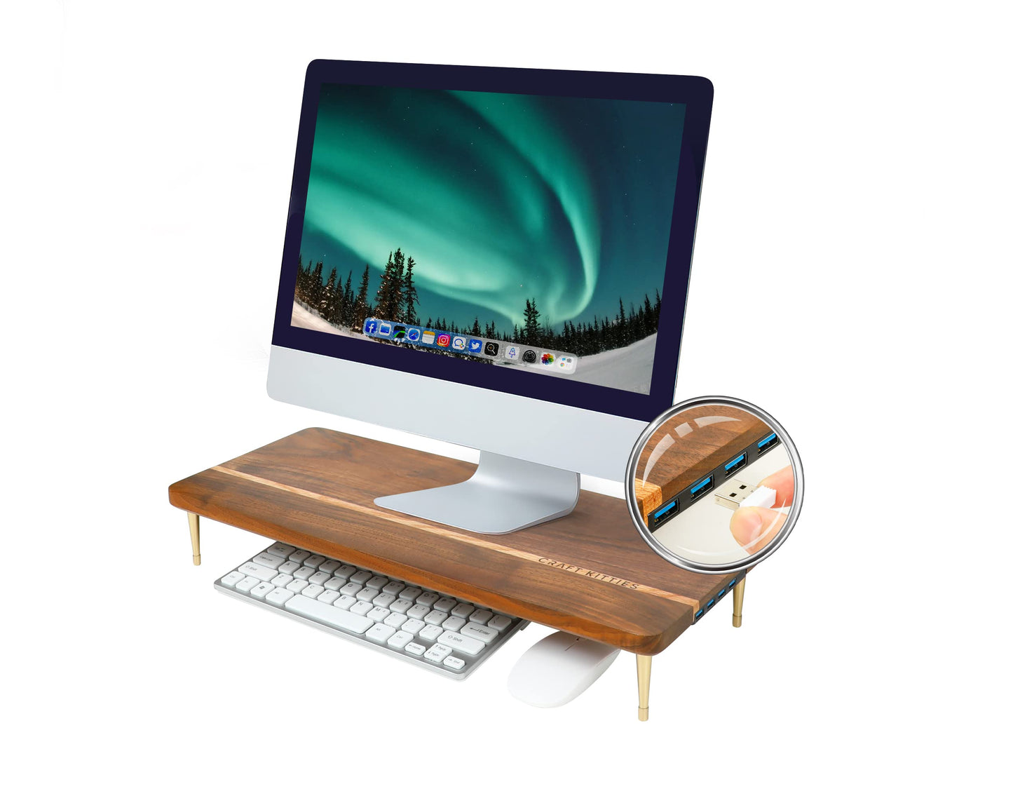 CRAFT KITTIES Monitor Stand Wood Riser with 4 USB Ports, Computer Monitor Stand with America Walnut Data Transfer Charging Hub -Compatible with Computer, Mac, PCs, Smartphone, 20.5*8.3in