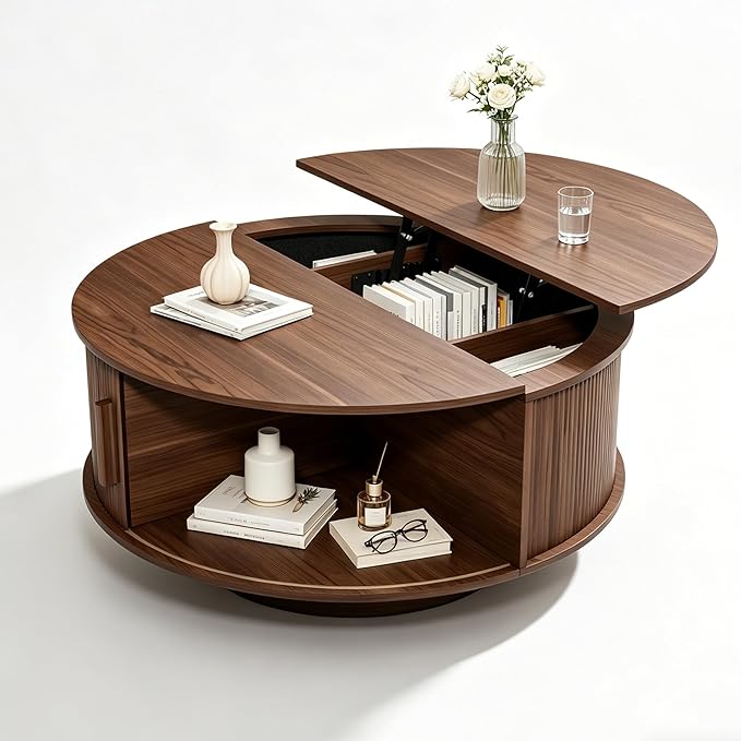 Round Lift Top Coffee Table, Mid Century Modern Fluted Circle Coffee Table with Hidden Storage Compartment, Wooden Center Table with Open Shelf for Living Room, Small Space, Walnut