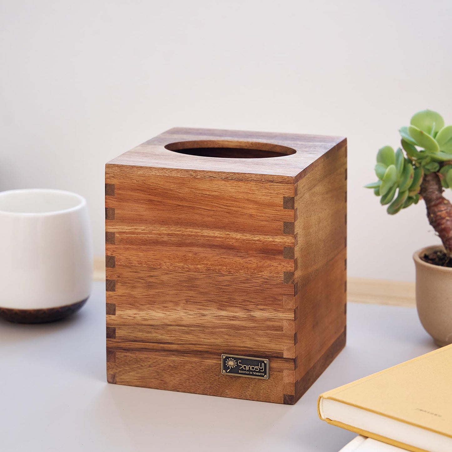 SANOSY Acacia Wood Tissue Box Cover and Holder for Kleenex, Rectangle, and Cube Boxes, Decorative Facial Cube Organizer for Modern Farmhouse Decor on Tabletop, Nightstand, Bathroom, Office.