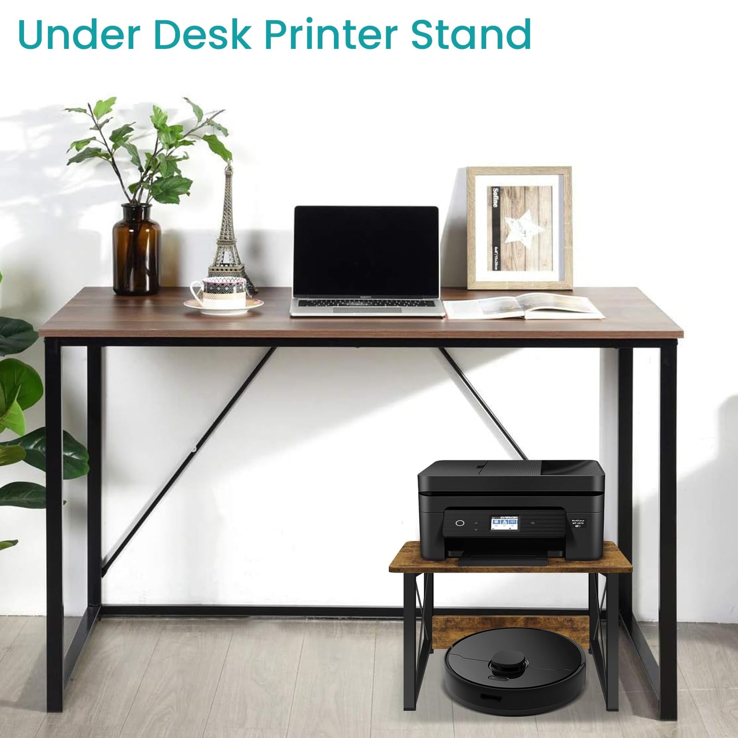 ELITEROO Wood Desktop Shelf, 2 Tier Desk Shelves + Printer Stand, Printer Riser Stands, Small Bookshelf Organizer, Office Storage Rack and Cubicle Organizers Accessories for Dorm Office Home, Brown