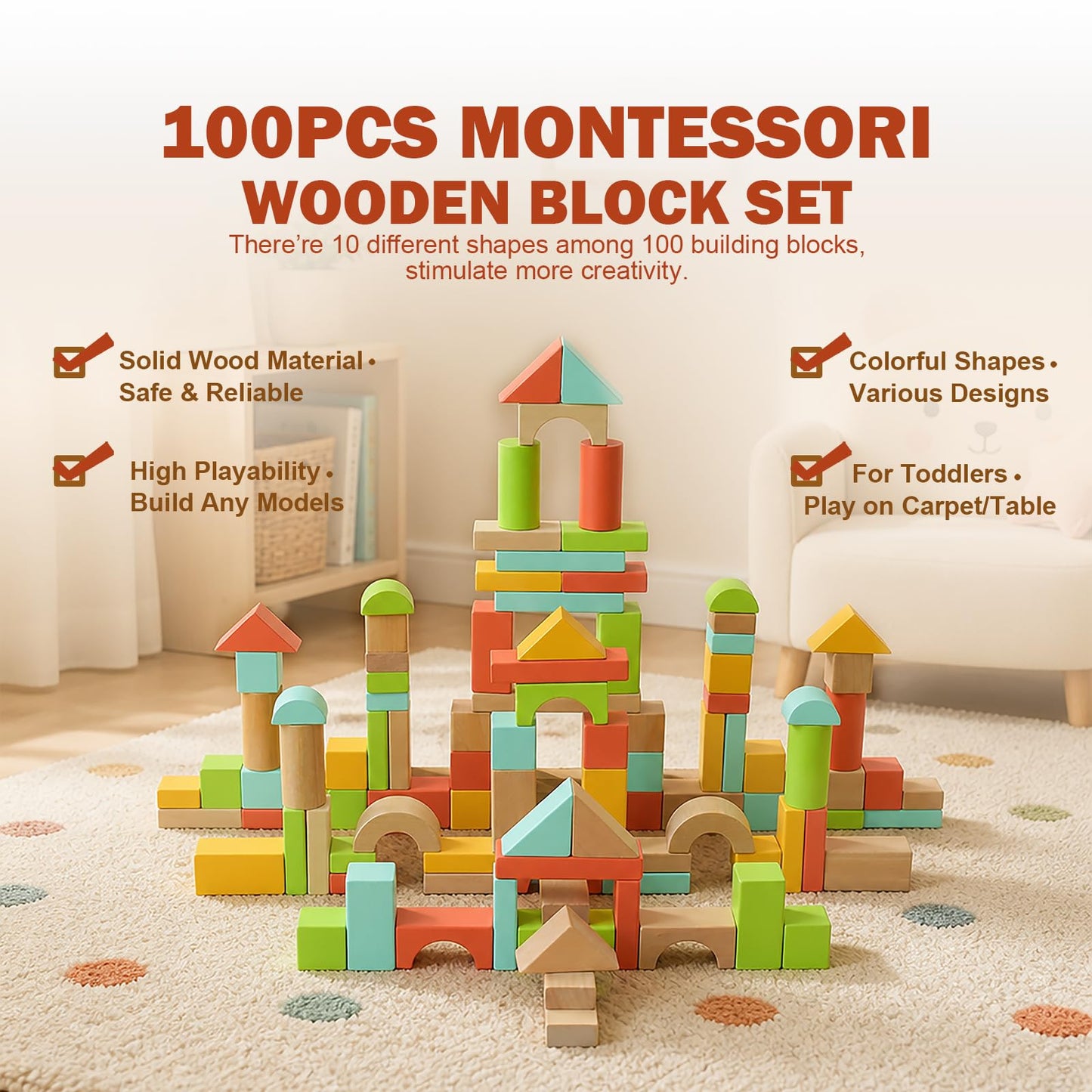 SproutSpace 100pcs Building Blocks for Toddlers 1-3, Wooden Blocks for Kids with Storage Bucket and Shape Sorter, Stacking Toys or 1 2 3 Year Old, Learning Toys for Preschool Girls and Boys