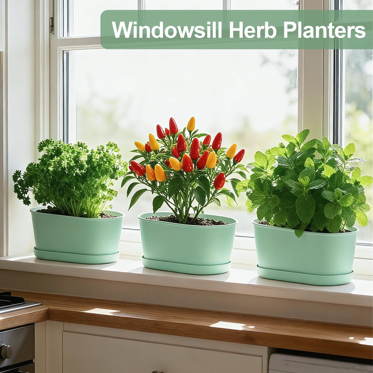 Oliz Set of 4 Green Oval Window Sill Planters with Drainage Holes and Trays(7 Inch) for Herbs Basil Orchids Succulents, Modern Herb Garden Planter for Indoor/Outdoor Plants