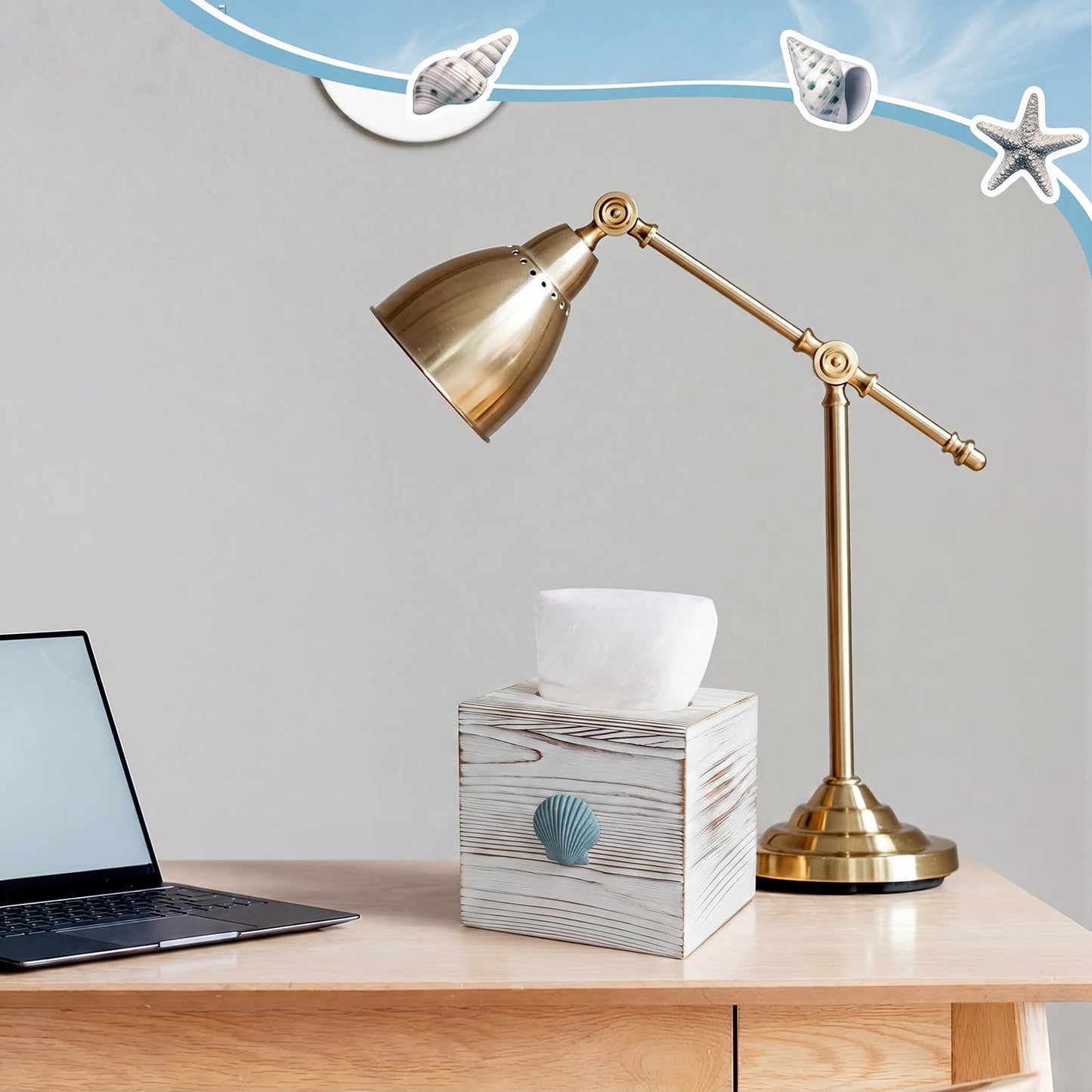 Thyle 2 Pcs Coastal Tissue Box Cover, Wooden Beach Square Tissue Box Holder Closure Starfish Shell Decorations Farmhouse Cube Napkin Holder for Coastal Bathroom Home Accessories Living Room Bedroom