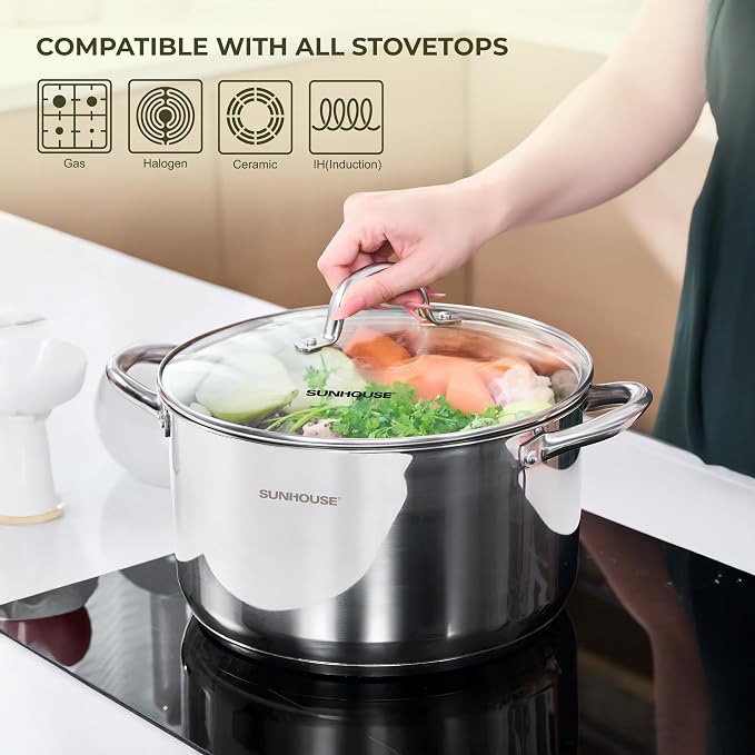 Sunhouse 8 Quart Stock Pot with Lid - 3-Ply Base Stainless Steel Cooking Pot - 8 QT Canning Dutch Oven Stock Pots - Oven Safe & Induction Cookware