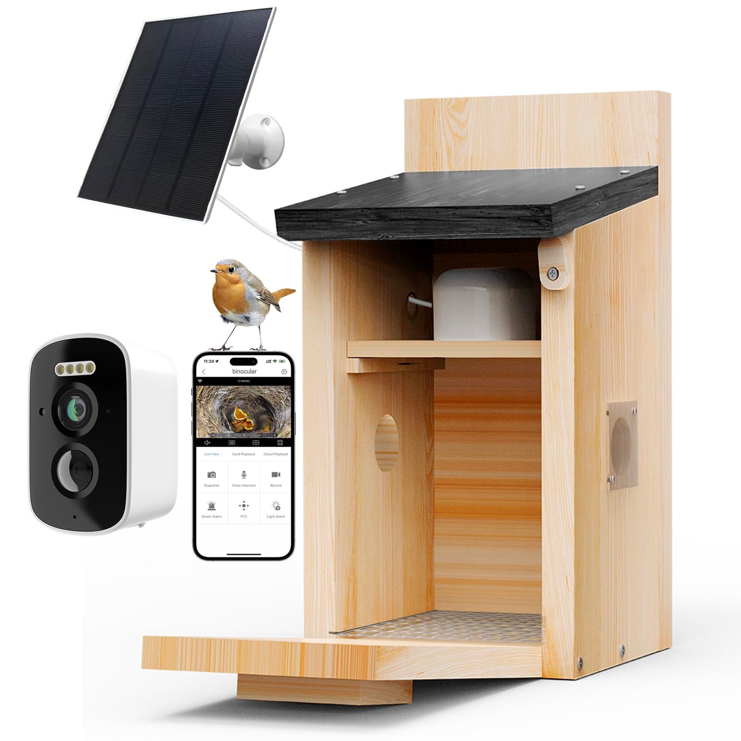 Solar Bird House with Camera, 1080P HD Wooden Smart Birdnest Solar Powered, Watch Birds Nesting & Hatching in Real Time, AI Identify Bird Behavior & Create Bird Story, Weatherproof Birdhouse