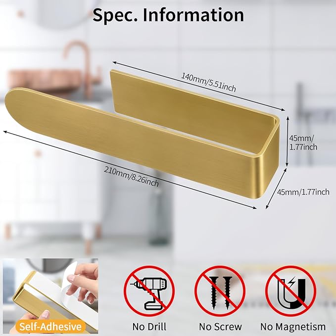 2 Pack Gold Hand Towel Holder, Adhesive Towel Bars Wall Mounted, 8 Inch Square
