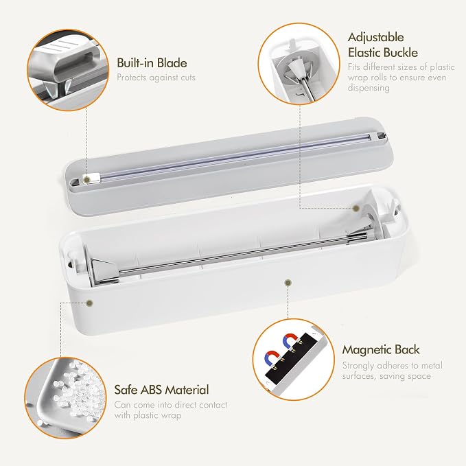 Aluminum Foil & Plastic Wrap Dispenser with Cutter - Magnetic & No-Drill Wall Mount, Cling Film Dispenser for Countertops & Cabinets, Space-Saving Kitchen Organizer - Fits 150 m Rolls, White