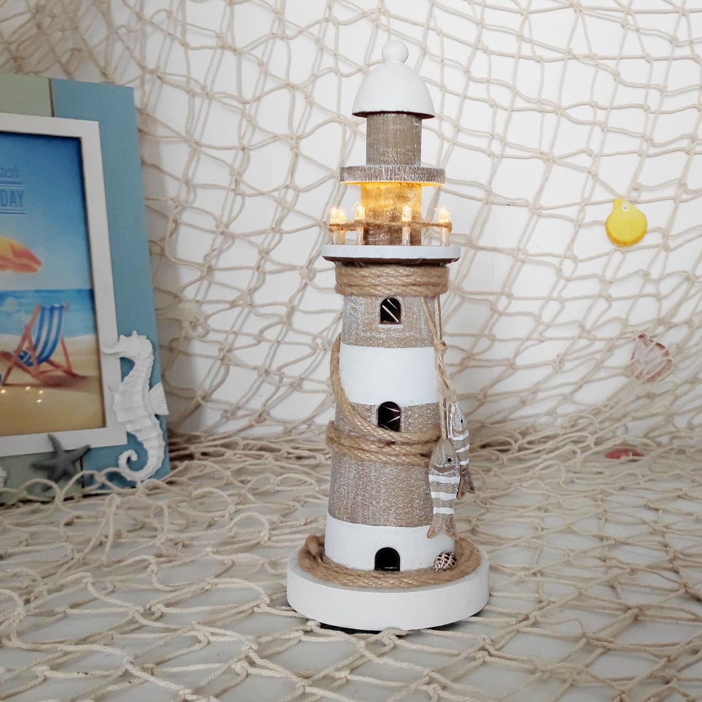 Linfevisi Wooden Lighthouse Decor with Light Tabletop Nautical Decor Solid Wood Light Houses Statue Figurines Inside Standing Coastal Beach Decoration Ocean Sea Theme Home Bathroom 12.75 Inch
