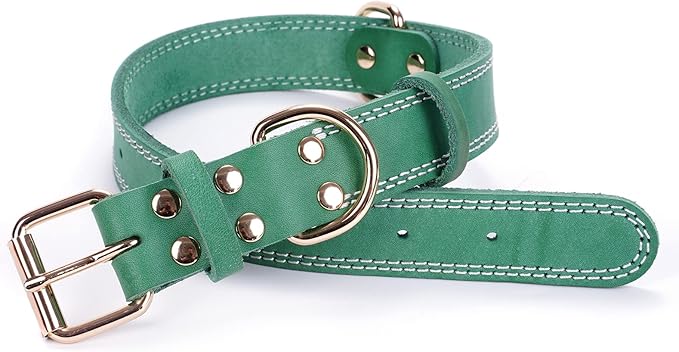 Genuine Leather Dog Collar, Heavy Duty Wide Dog Collar for Small, Medium, Large and Extra Large Dog (XL: 1.4" Wide for 18.6"-25.8" Neck, Dual Stitch - Green)