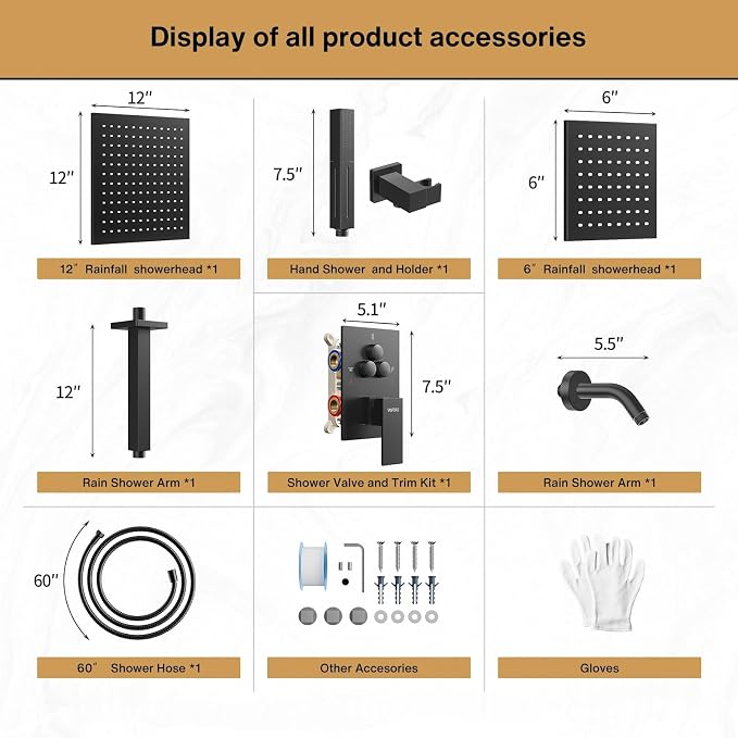 VANFOXLE Shower Faucet Set Matte Black Shower System, Push Button Diverter Shower Faucet with Trim Kit, Ceiling Mount 12 Inch Shower Head Increased Thick, 6 Inch Side Shower Head, 2-in-1 Handheld