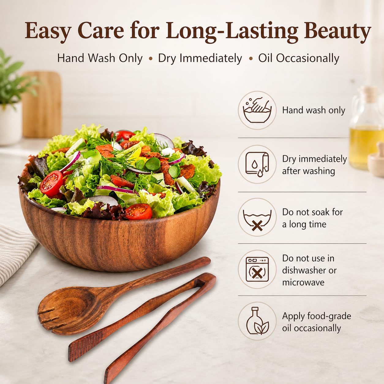 TNCANJU Acacia Wood Salad Bowl Set with Serving Utensils, 9 Inch Wooden Serving Bowl with Salad Fork and Tongs, One-Piece Glue-Free Crack Resistant Bowl for Salad, Fruit, Pasta and Snacks