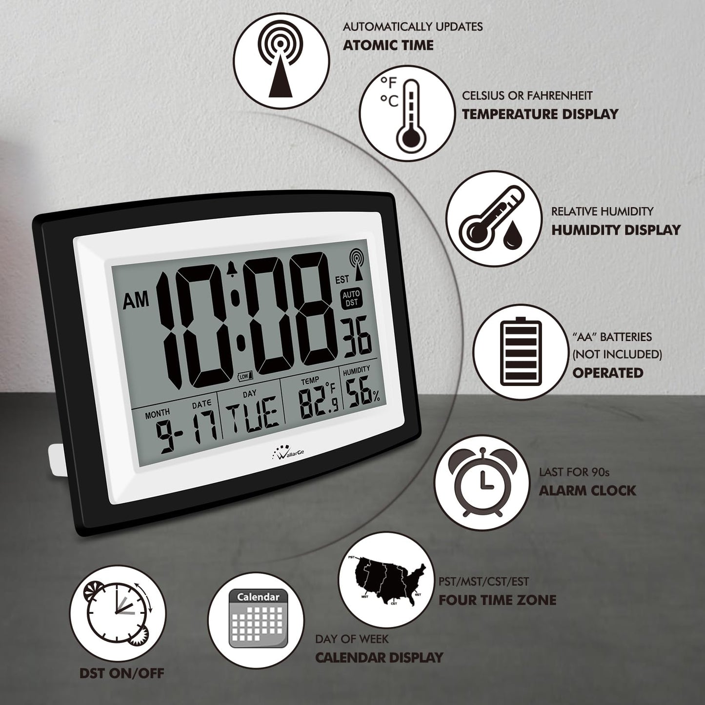 WallarGe Atomic Clock with Indoor Temperature and Humidity, 12.5 Inch Self-Setting Digital Wall Clock or Desk Clock, Battery Operated Digital Clock Large Display for Seniors, Auto DST
