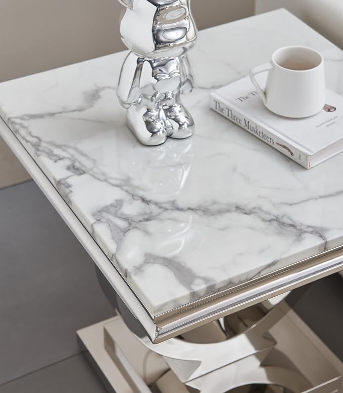 2 Piece Living Room Table Set Include 1 Faux Marble Coffee Table & 1 End Table, Modern White Silver Coffee Table Set of 2 with Double O Shape Stainless Steel Pedestal Base