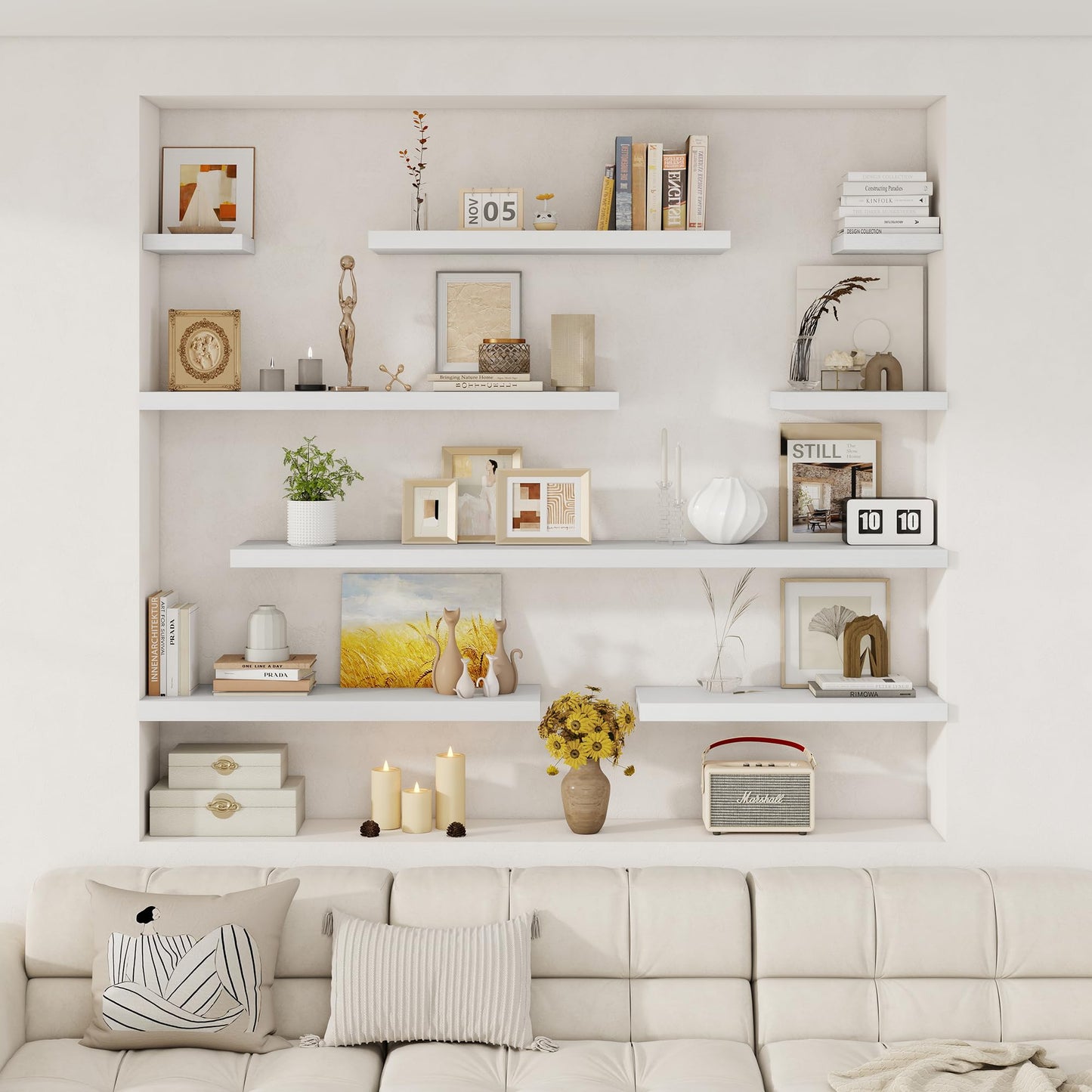Fun Memories 24 x 12 Inch Deep Floating Shelves, 12 Inch Deep Rustic Wooden Book Shelf, Extra Deeper & Thicker Hanging Shelves for Living Room, Bathroom, Bedroom, Kitchen, Office, Set of 2 (White)