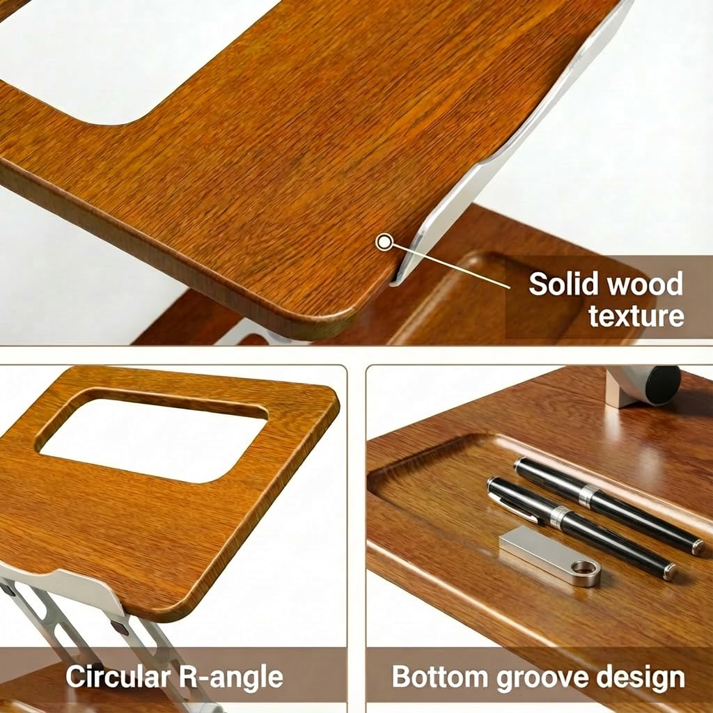 Craftreasure Ergonomic Wooden Laptop Stand with Pen Slot, Adjustable Height & Angle, Hollow Cooling, Foldable for Desk Use, for 10-17 Inch Laptops/Tablets