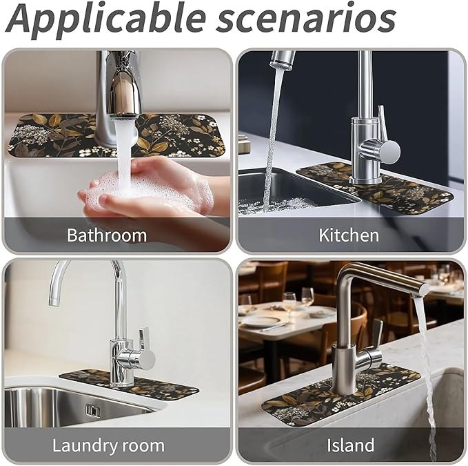 Kitchen Sink Splash Guard,small-flowers and leaves- Faucet Mat Sink