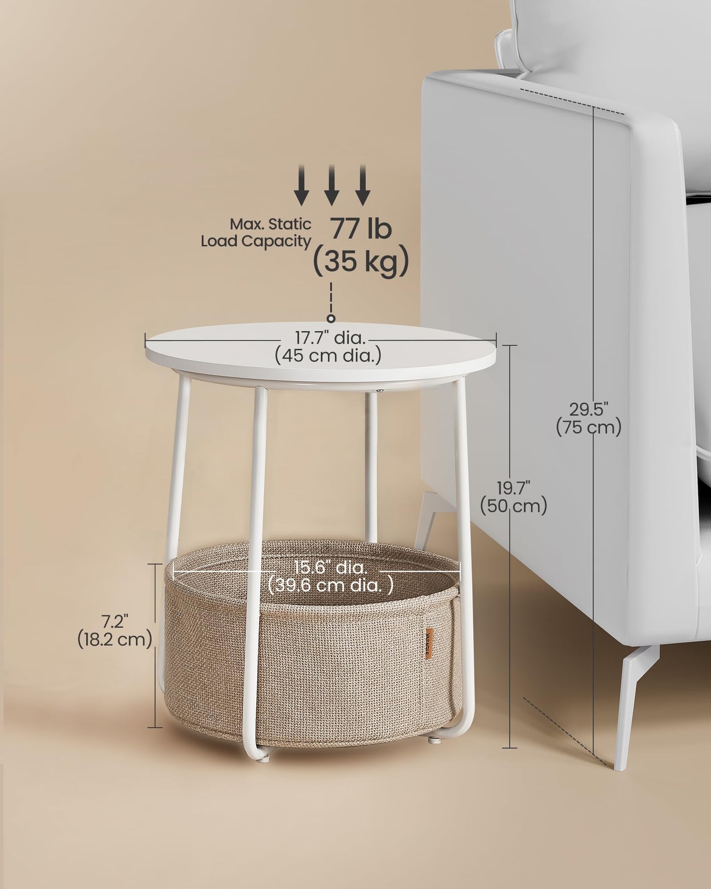 VASAGLE LILEA Collection - Small Round Side End Table, Modern Nightstand with Fabric Basket, Matte White and Camel Brown ULET223W10