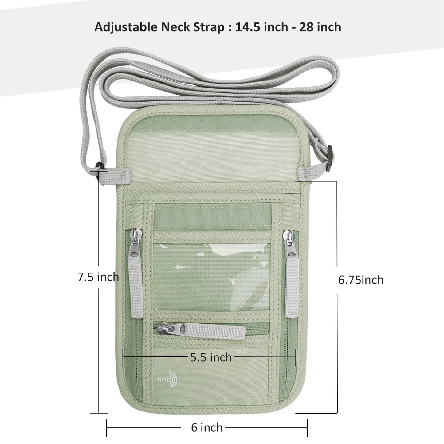 WALNEW Passport Holder Neck Pouch Travel Wallet for Women and Men, RFID Blocking Security Slim Traveling Wallet with Around Neck Lanyard Strap, Light Green