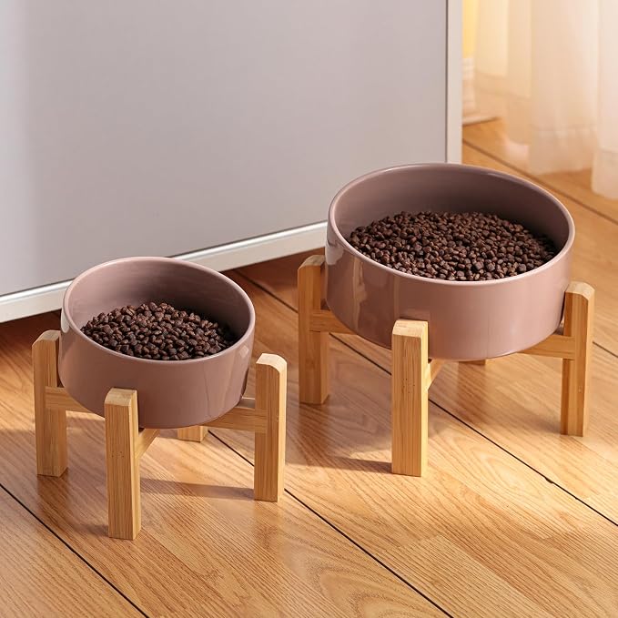 Khaki Elevated/Raised 15°Tilted Anti Slip Ceramic Dog Bowl for Medium & Large Breeds,Slanted Bulldog Big Face Pet Feeding Food Water Dish Stand for Dogs (7.6 Cups/60OZ)