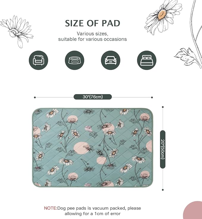 IEUUMLER Washable Pee Pads for Dogs, 2 Pack Non-Slip & Waterproof Pack Whelping Pad, Reusable Washable Puppy Potty Training Pad with Fast Absorbent for Playpen EU007 (Green Daisy, 30"X20"-2pcs)