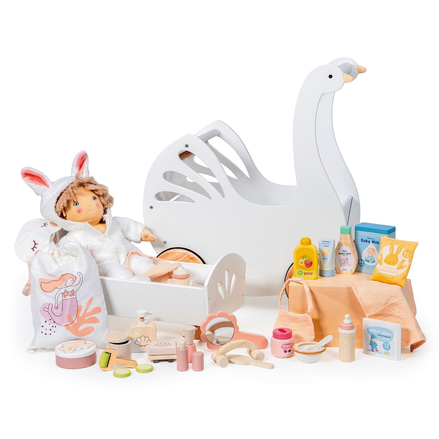 Tender Leaf Toys - Sweet Dreams Dolly Bed - Wooden Baby Doll Rocking Cradle with Bedding and Accessories - Encourages Love and Nurturing Play for Boys and Girls - Age 18m+