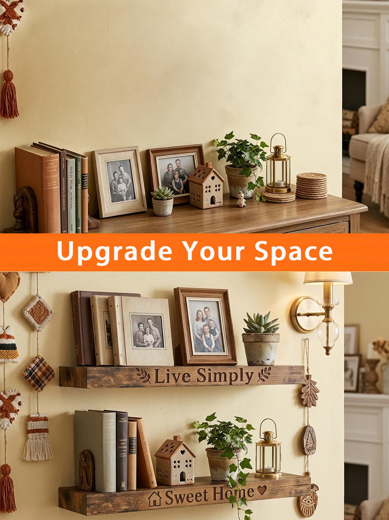 MYSHELL Floating Shelves for Wall, 2 Wooden Rustic Shelfs with Screw Mounted, Decorative Wall Mounted Shelves with Invisible Brackets for Bathroom, Bedroom, Kitchen, Office, Living Room (Engraving)