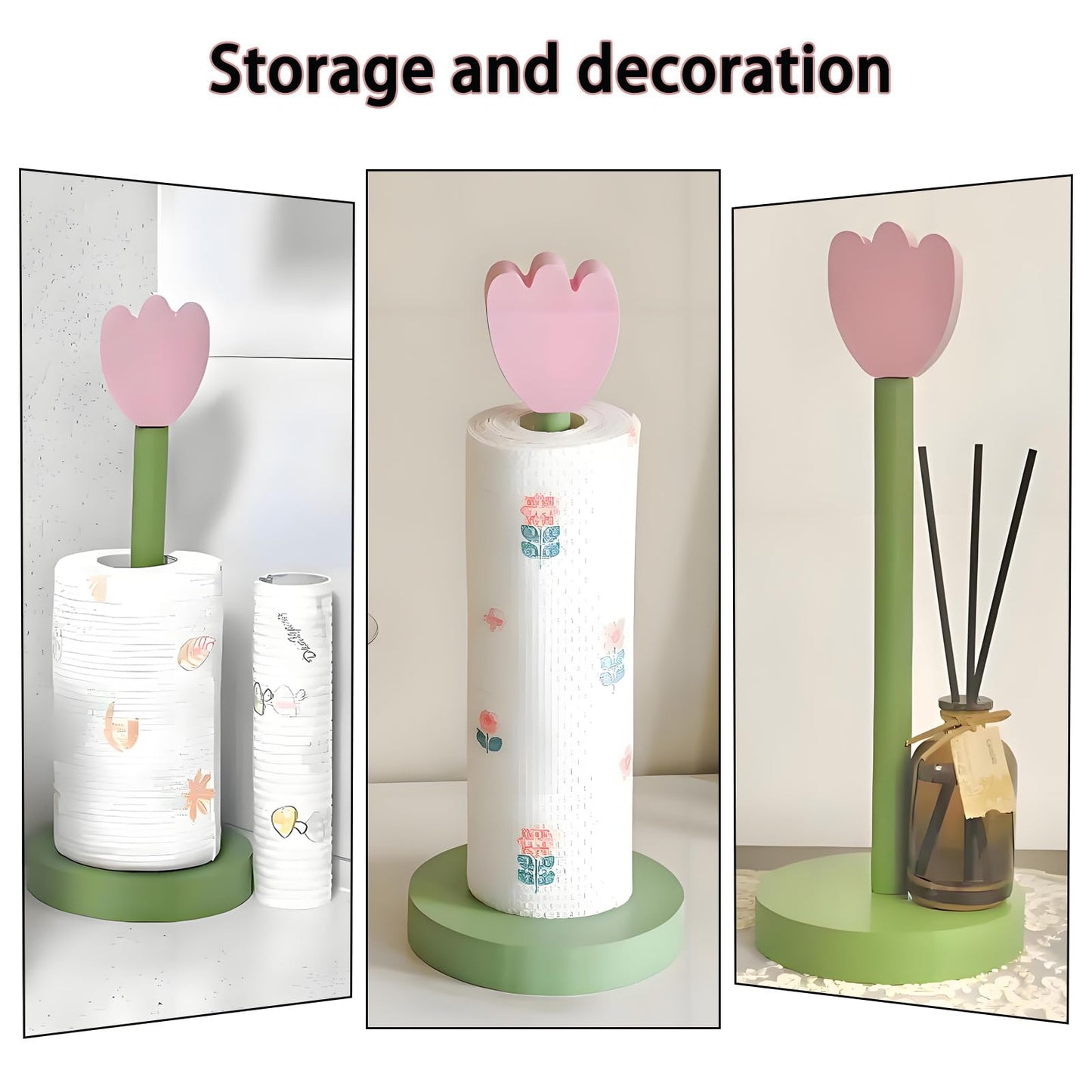Paper Towel Holder Countertop, Cute Decorative Wooden Standing Paper Towel Roll Holder for Kitchen Bathroom, Bars & Dining Tables (Pink Flowers)