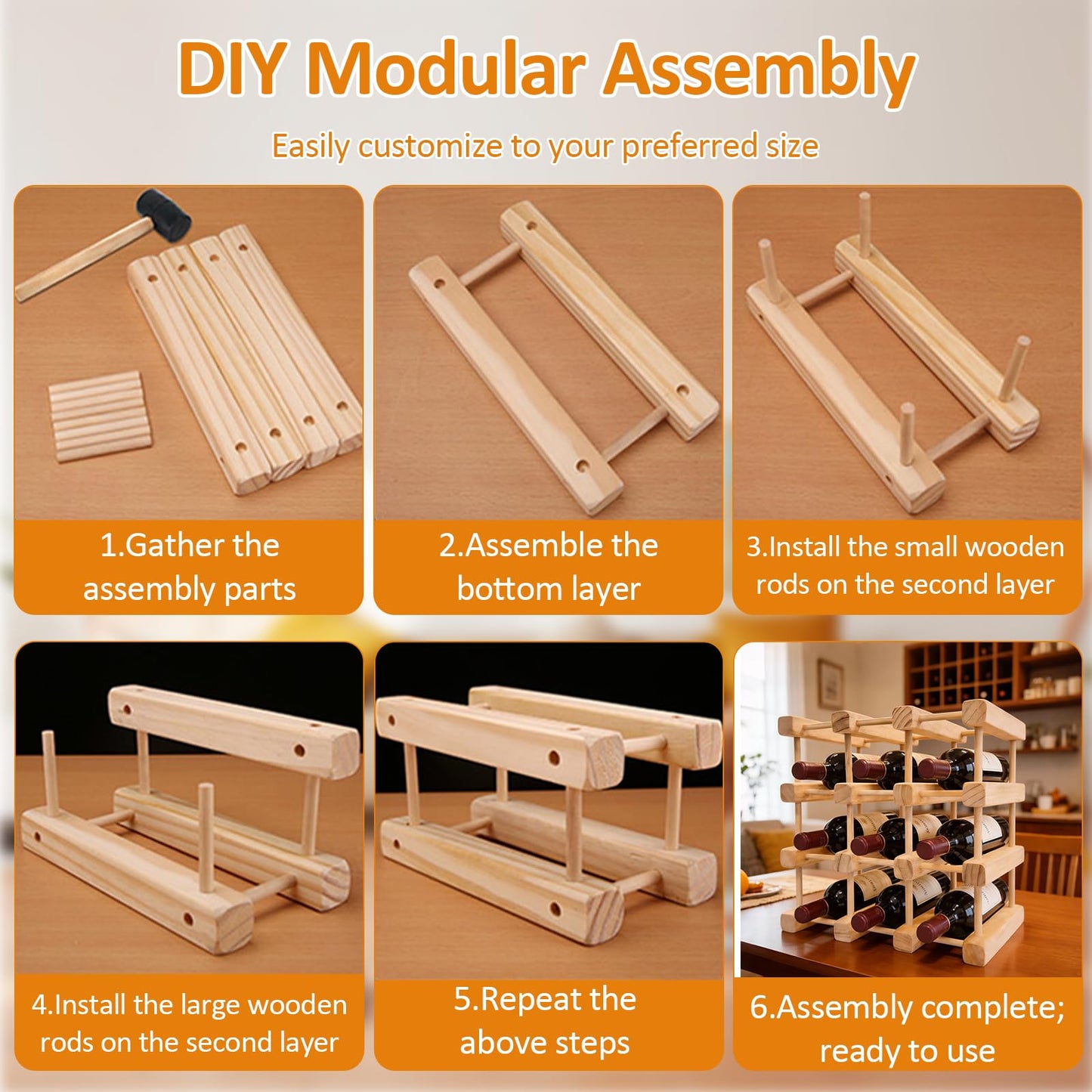 Petyoung 12 Bottle Stackable Wooden Wine Rack, Modular Wine Storage Rack with Rubber Hammer, Inside Cabinet and Countertop Wine Bottle Holder, Table Wine Organizer for Kitchen Restaurant Bar