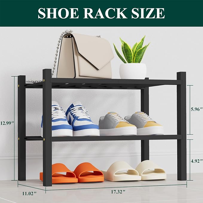 Smiry Small Bamboo Shoe Rack, 2 Tier Free Standing Wooden Shoe Organizer, Stackable Wood Shoe Storage Shelf for Closet, Entryway, 14 Vertical Slats, One-piece Heavy-Duty Legs, 17.3"x11"x13", Black