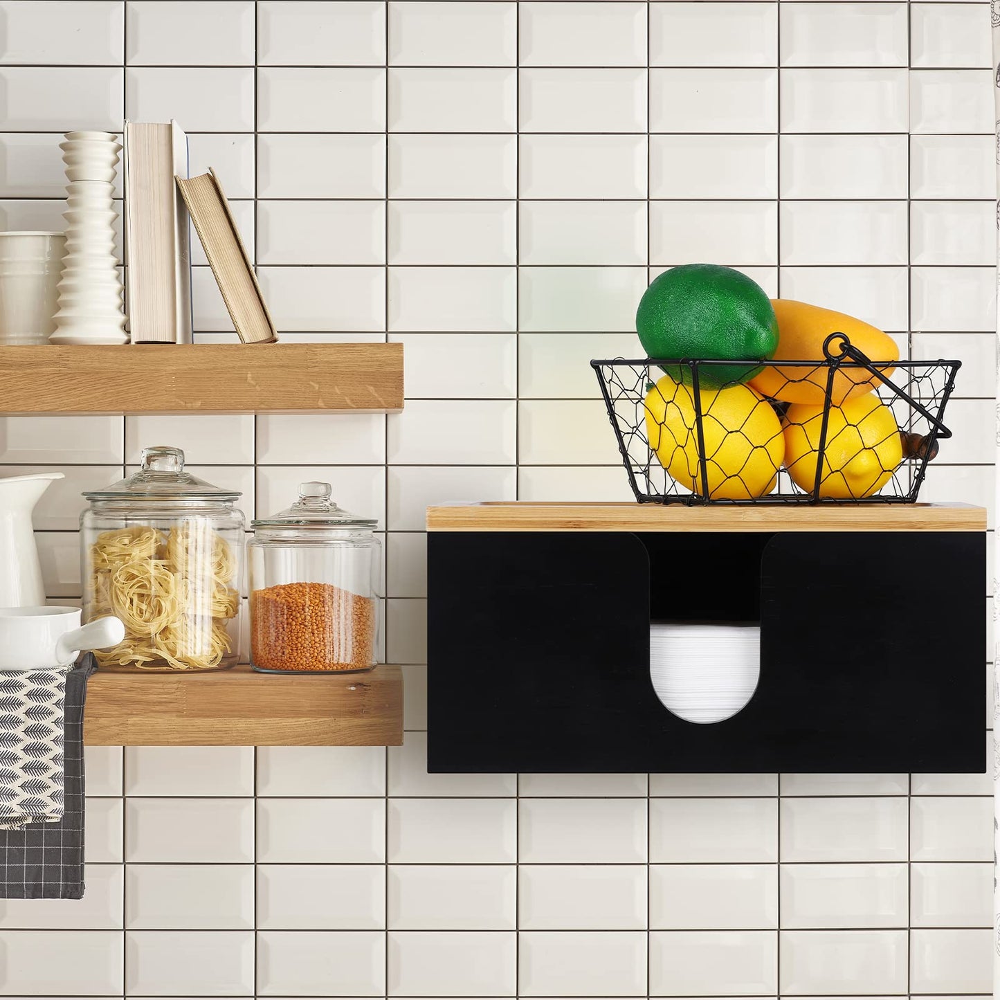 TURSTIN Wood Paper Towel Dispenser Folded Paper Towel Holder with Lid for Countertop and Wall Mounted, Wall Mount Paper Towel Holder Napkin Holder for Home. Bathroom, Kitchen, Black