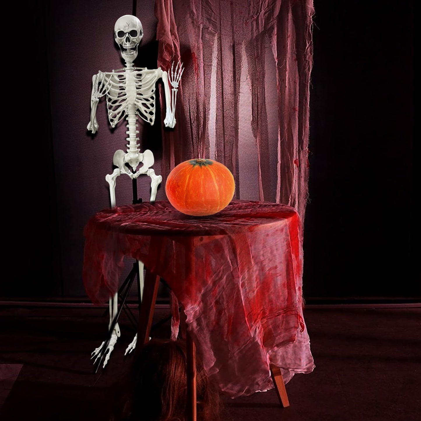 Wocst 5.4Ft Halloween Life Size Human Skeletons Poseable Life Size Skeletons with Rope Plastic Human Bones with Movable Joints for Halloween Decoration