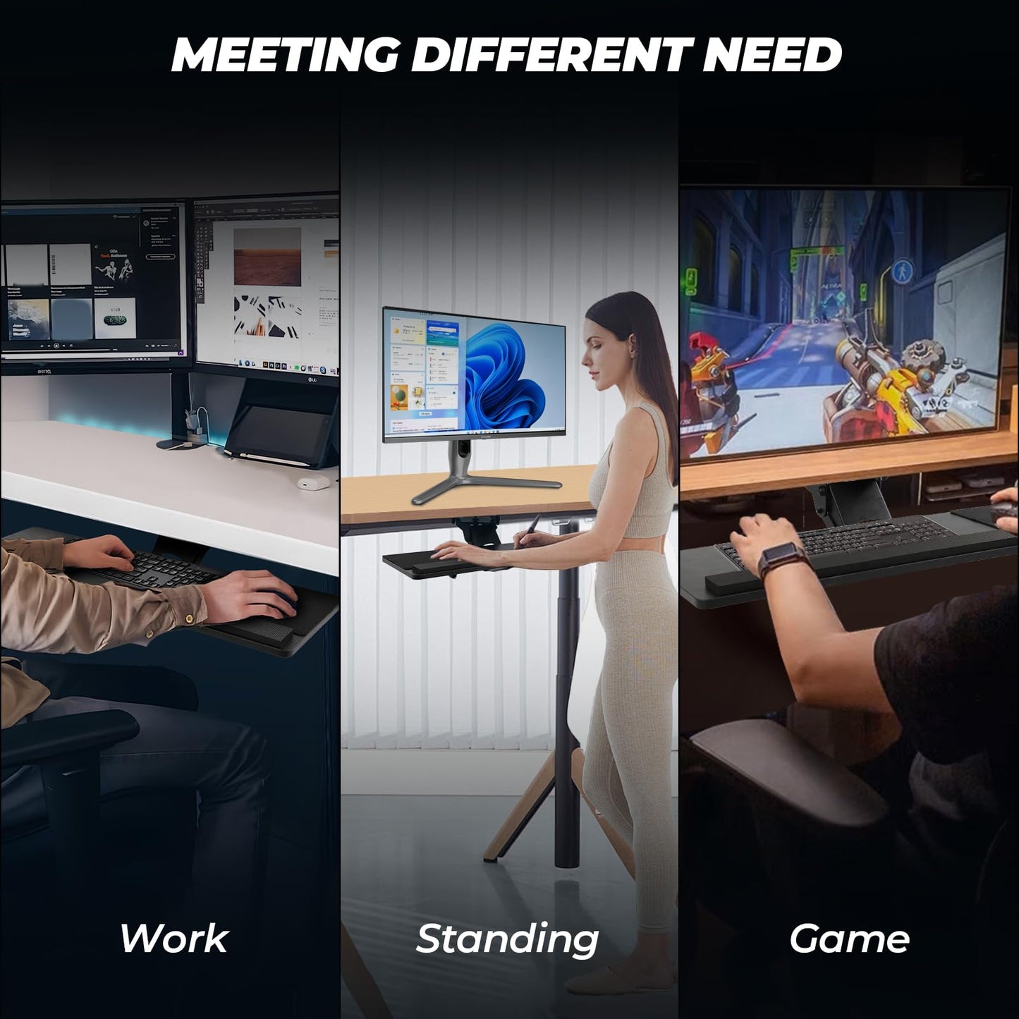 Keyboard Tray Under Desk, 360° Adjustable Slide Out Keyboard Tray Under Desk with Mouse Pad & Wrist Rest,Ergonomic Large Size Keypad Tray Holder, Suitable for Office/Game/Home