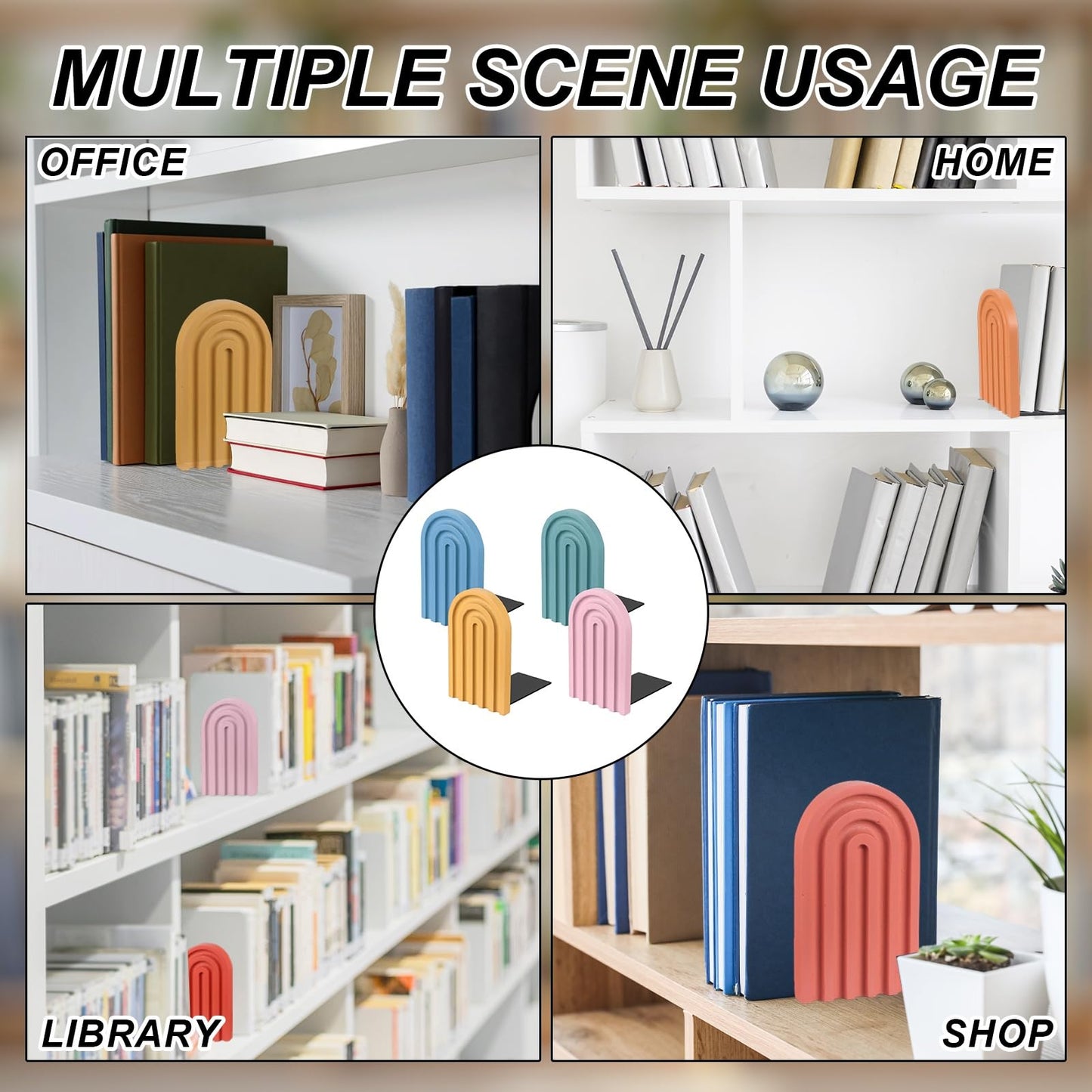PATIKIL 4Pcs Boho Arch Bookends, Non-Skid Wood Book Ends Rainbow Wooden for Shelves Book Stopper Stand Cute for Holding Books Movie CD Home Office Library Decorative, Yellow/Pink/Blue Tone