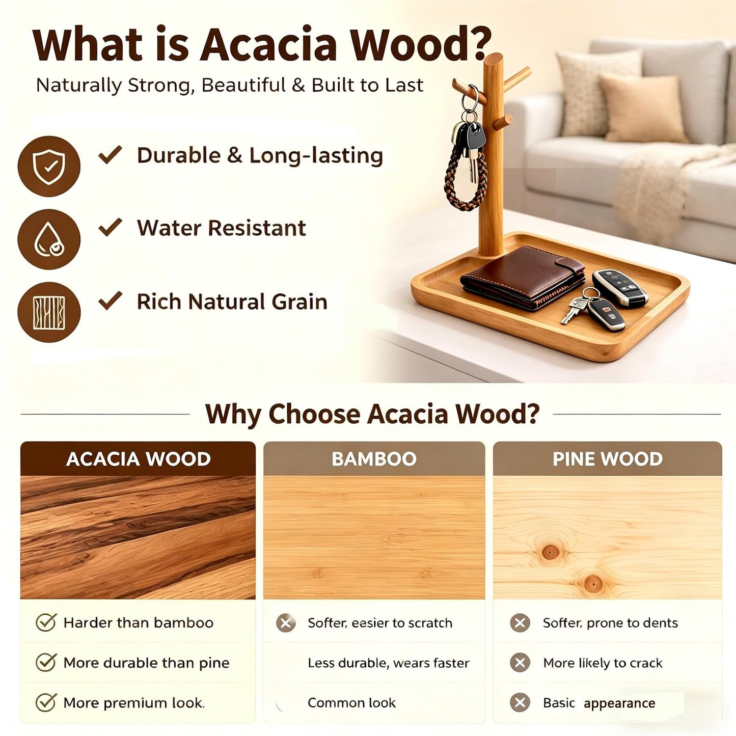 E-ROOM TREND Acacia Wood Key Tray for Entryway Table, Wooden Catchall Organizer with Jewelry Storage Rack, Valet Tray for Keys Wallet Watches Sunglasses Rings(Square)