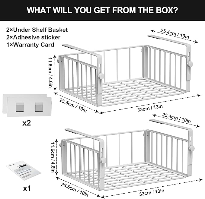 AmonHouseware 2 Pack Hanging Under Shelf Storage Basket,Adjustable Under Cabinet Add-on Storage Racks Slide-in Baskets Organizer for Laundry Room Kitchen Pantry Desk Bookshelf, White