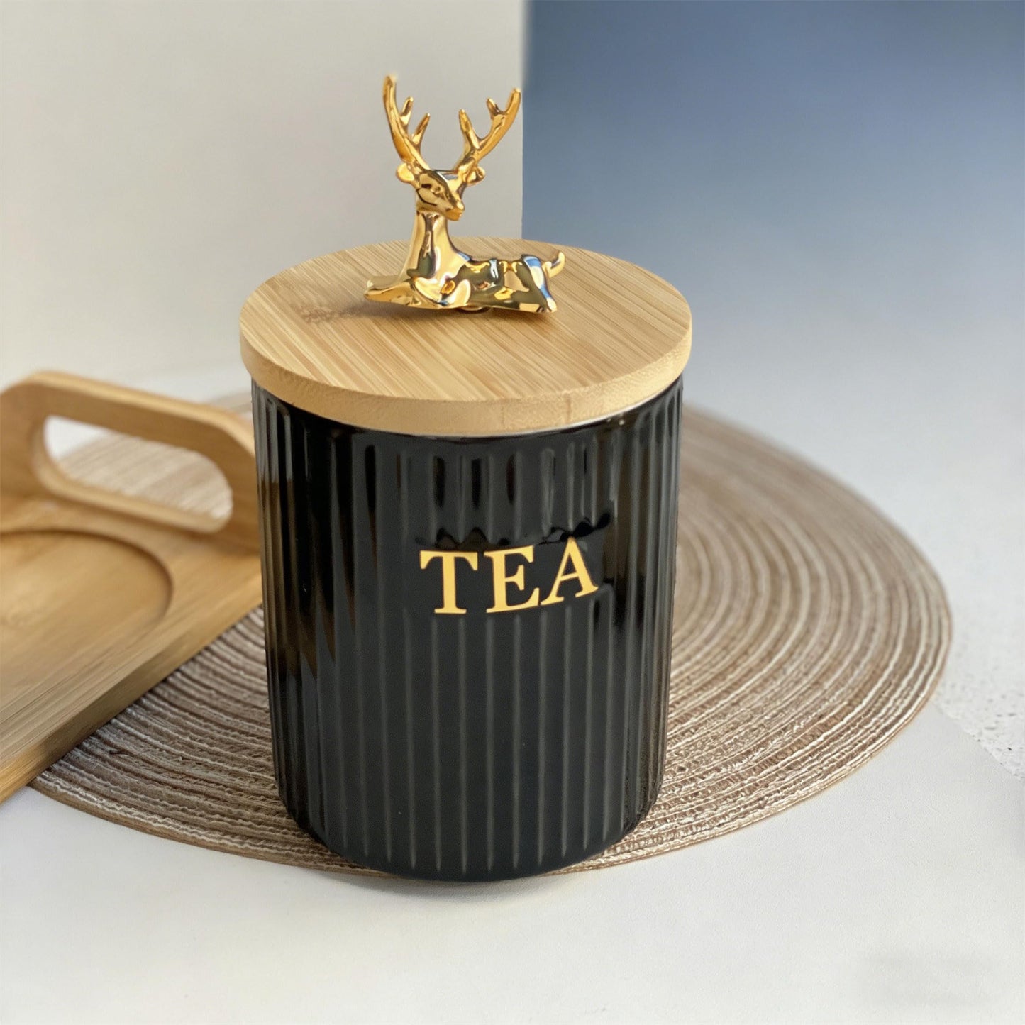 Bryasha Airtight Ceramic Canisters Set of 3 with Wooden Tray - Kitchen Counter Storage Containers for Sugar, Coffee, Tea - Food Storage Jars With wooden lid and spoon Rotating Deer (black)