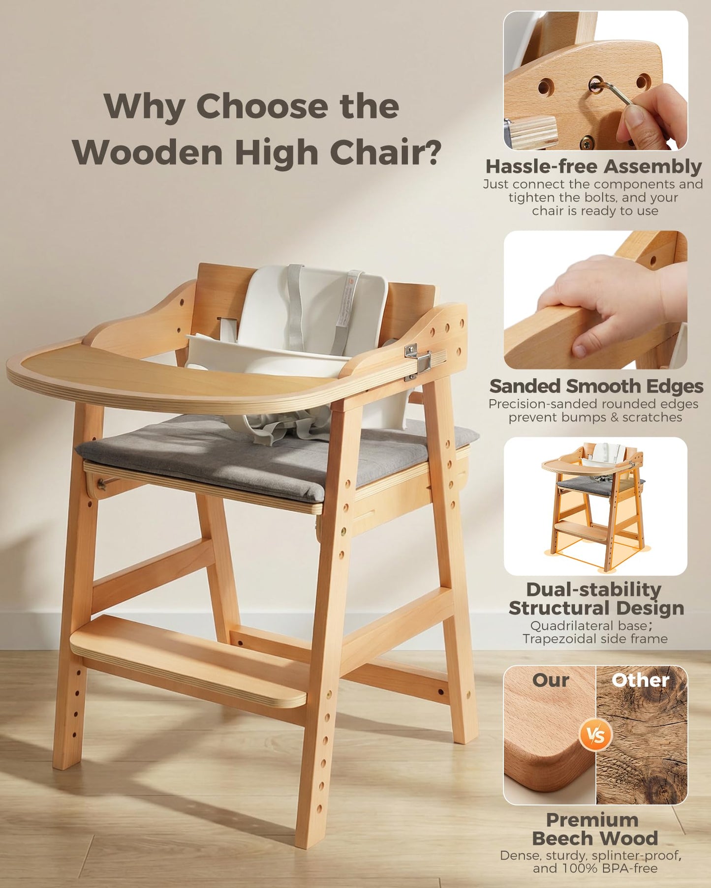 ONTHEWEI Wooden Baby High Chair for Babies, Toddler & Adult Up to 330Lbs, Anti-Tip Adjustable High Chair with Detachable Tray, Baby Sets, Soft Cushion, Ergonomic & Easy Clean