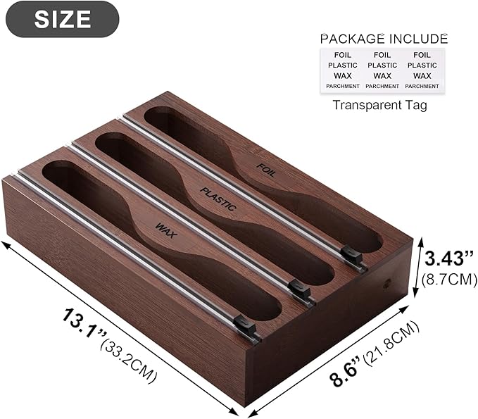 Wrap Dispenser with Cutter and Labels, Plastic Wrap Organizer For Kitchen,Bamboo 3-in-1 Wrap Dispensers for Cling Wrap Aluminum Foil and Wax,Storage Organization Holder(Brown)