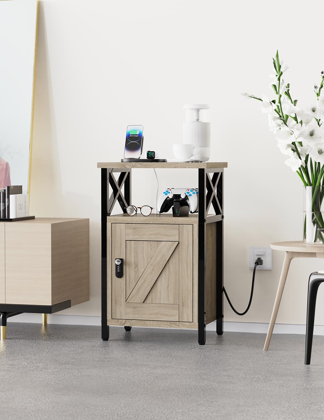 runjuly Wooden Nightstand with Lock, Bed Side Table with Drawers, Bedside Table with Charging Station, 3 USB & 2 Outlets, Night Stand with Cabinet, End Tables for Bedroom, Greige