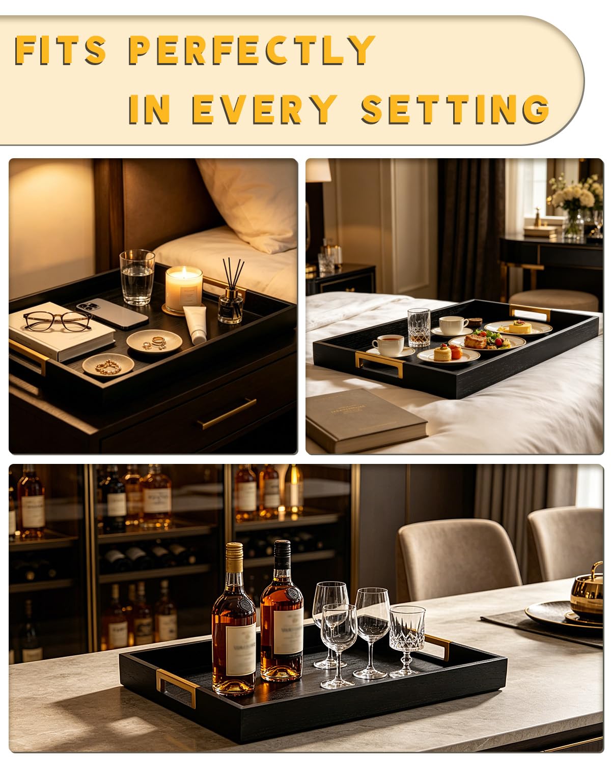 OurMiao 22" x 15.75" Black Wooden Serving Tray with Golden Metal Handles, Large Rectangular Wood Ottoman Tray for Living Room, Coffee Station, Ottoman Table