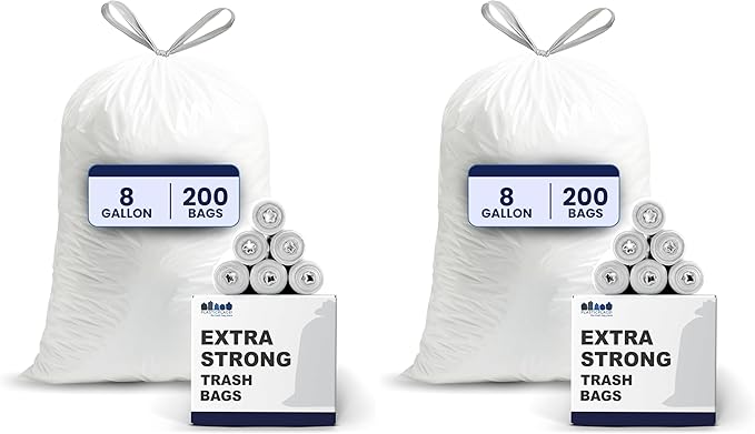 Plasticplace 8 Gallon Trash Bags -White Drawstring Garbage Can Liners