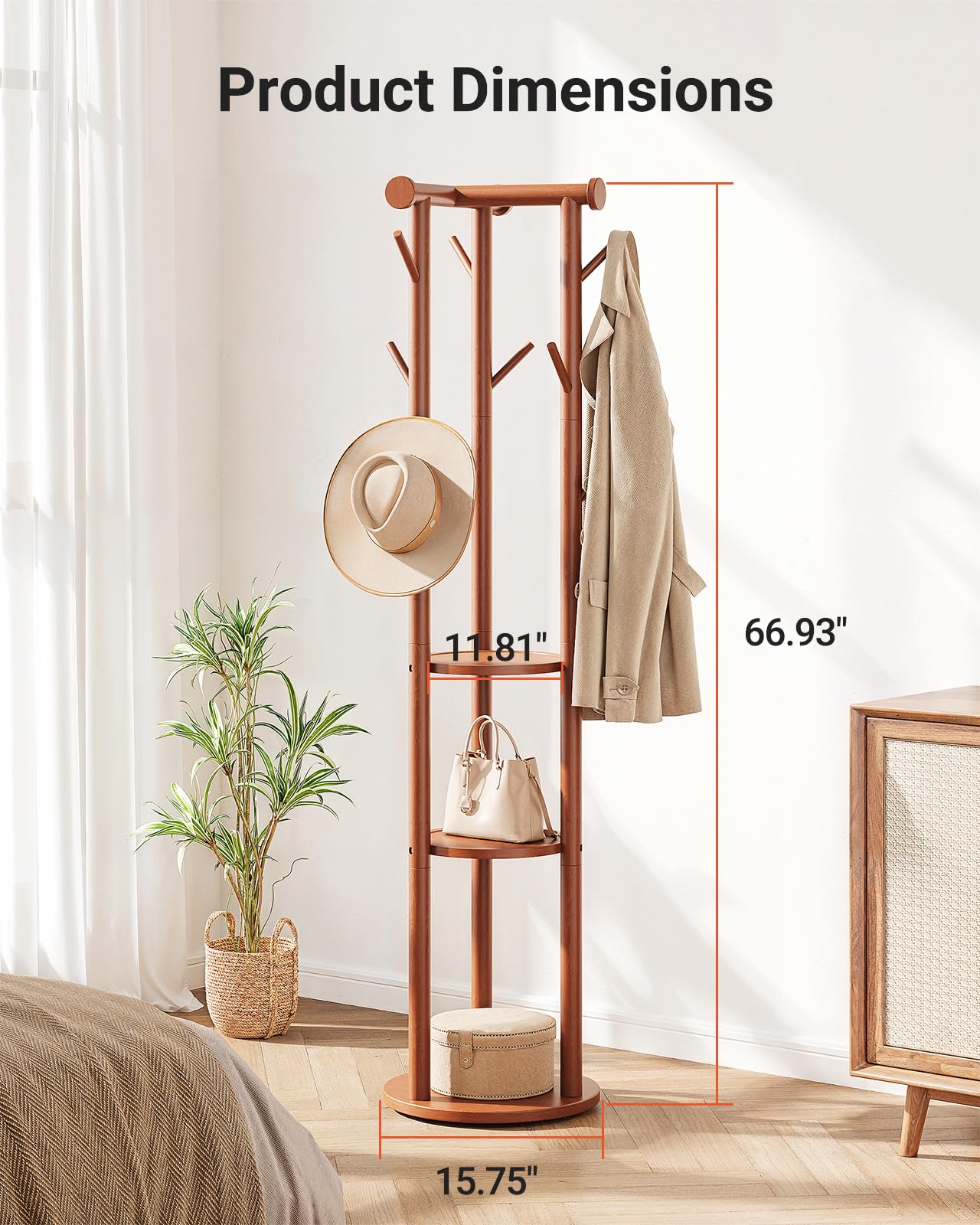 Pipishell Coat Rack Freestanding, Rolling Pine Wood Coat Tree with Wheels, 9 Hooks, T-Shaped Top & 3-Tier Shelves for Entryway, Hallway, Bedroom, Hall Tree for Coats, Bags, Hats & Scarves