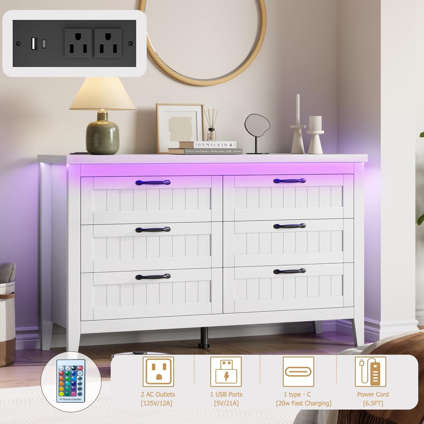 GAOMON 6 Drawer Dresser for Bedroom with Charging Station & LED Lights, Wide Dressers & Chests of Drawers, Wooden Storage Organizer for Living Room Closet Entryway, Easy Assembly, White