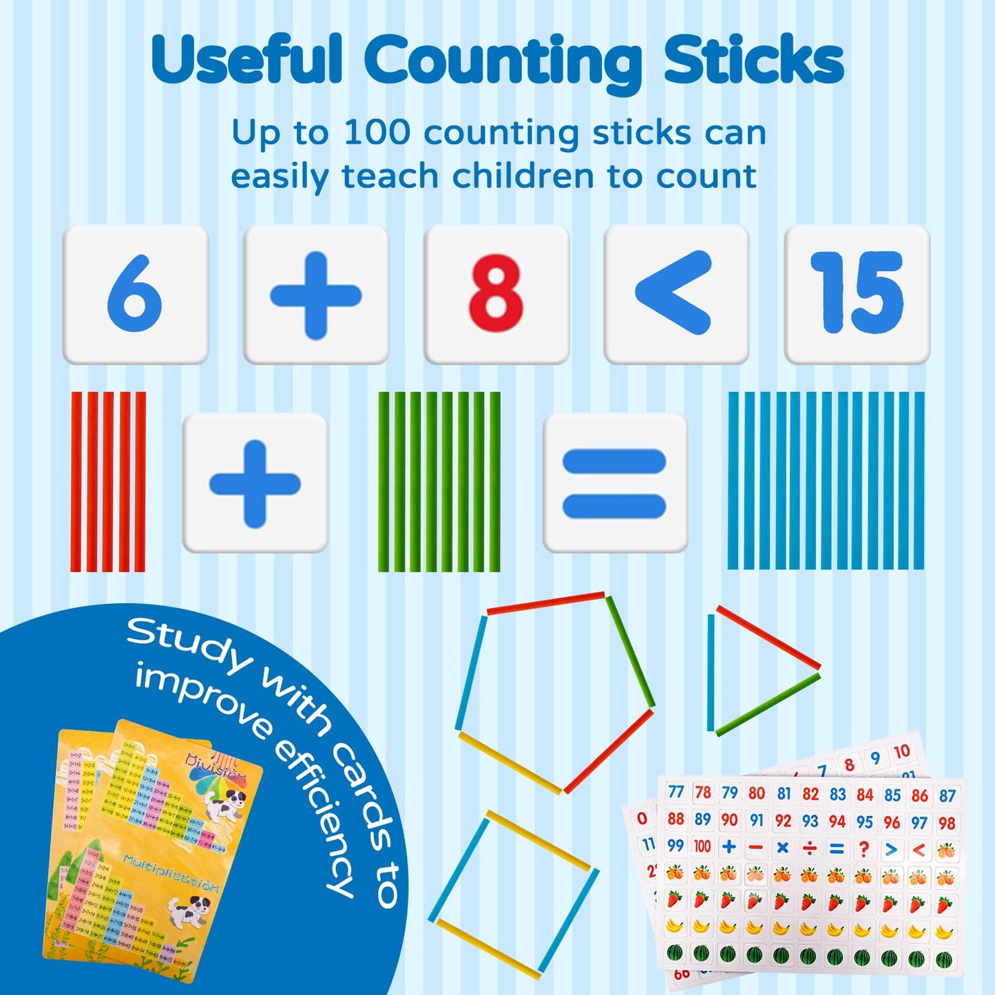 Wooden Abacus for Kids Math - Double-Sided Black/Whiteboard for Toddlers with 152 Magnetic Number & Fruit Cards, 100 Counting Sticks and Number Blocks Finger Counting Toys Homeschool Essentials