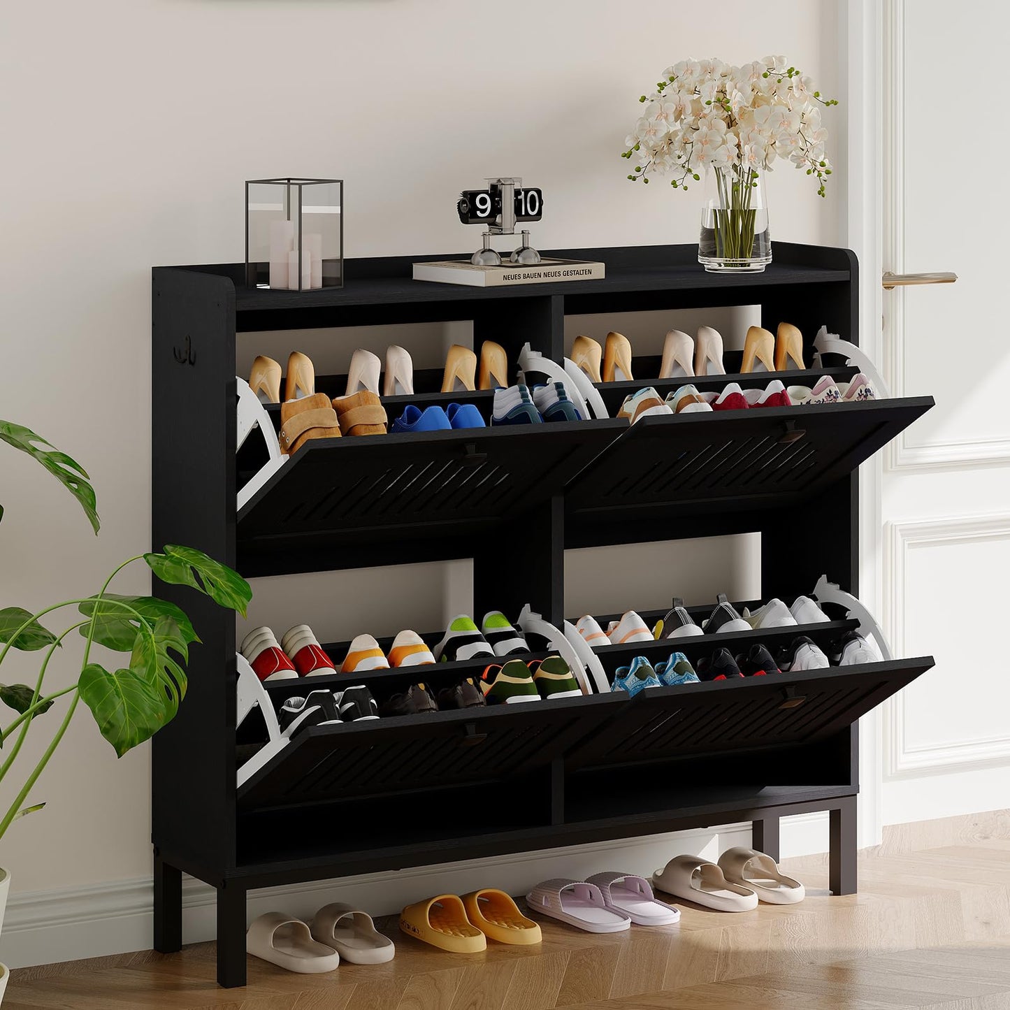 4-Door Flip Front Shoe Cabinet with Adjustable Shelves – Hidden Entryway Storage Organizer for Hallway, Foyer, Living Room – Freestanding Wooden Shoe Rack with Large Capacity & Modern Design, Black