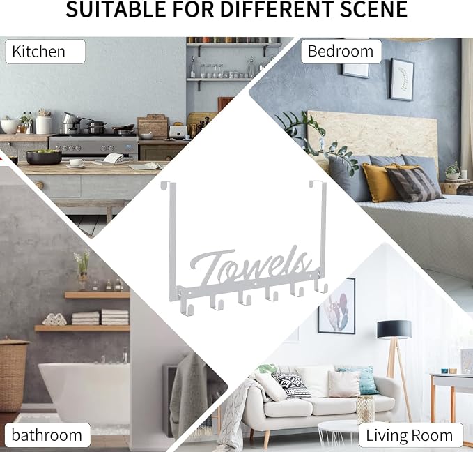 Azmoncy Over The Door Hooks, Towel Rack for Bathroom Towel Holder for Hanging Heavy Duty, Wall Mount Towel Hanger with 6 Hooks for Bedroom Bathroom Kitchen Towels, Bag, Coats, Hats - Silver