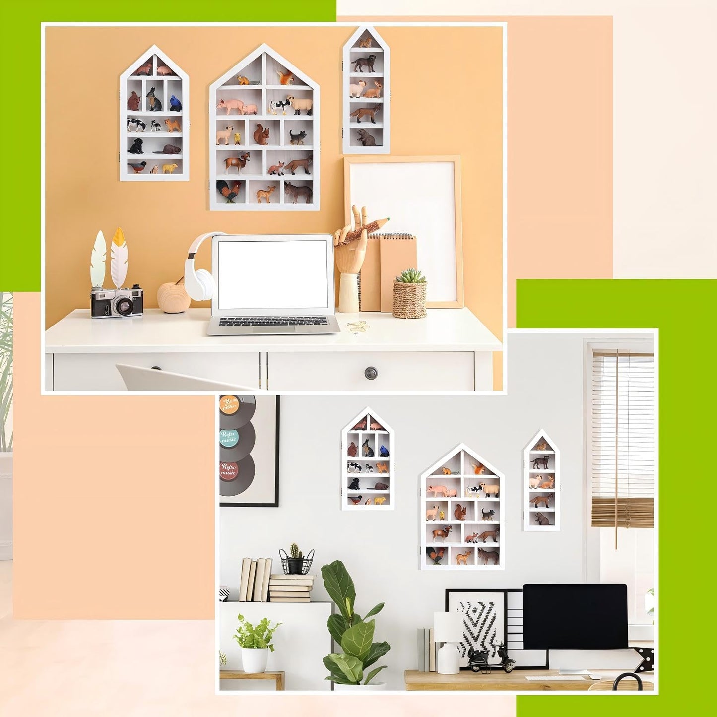 DoubleFill Set of 3 Wooden Shadow Box Frame with Shelves Large Trinket Shelf Display Cases Wall Mounted for Mini Figures Curio Cabinet Medals Wedding Bouquet Photos(White,House Shape)
