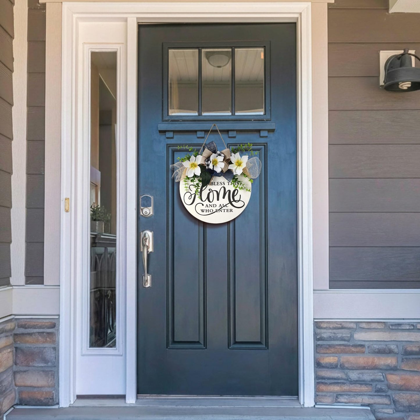 Kathfly Bless This Home and All Who Enter Wooden Front Door Sign Welcome Sign for Front Door Magnolia Summer Wreath 12 Inch Christian Home Decor Jesus Round Rustic Wall Hanging Decor for All Season