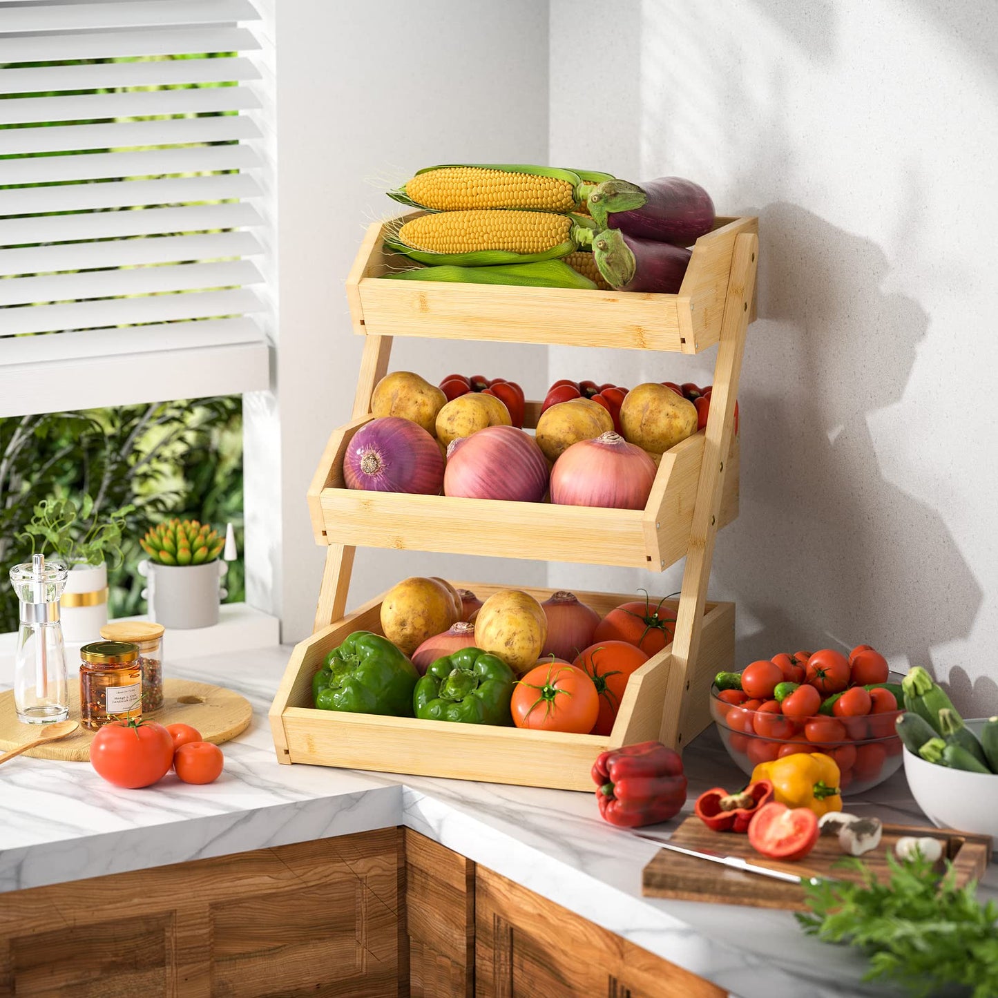 G.a HOMEFAVOR Bamboo Fruit Basket, Fruit Organizer for Kitchen Counter, Vegetable Storage Stand, 15 mm Thickness (Self-assembly)