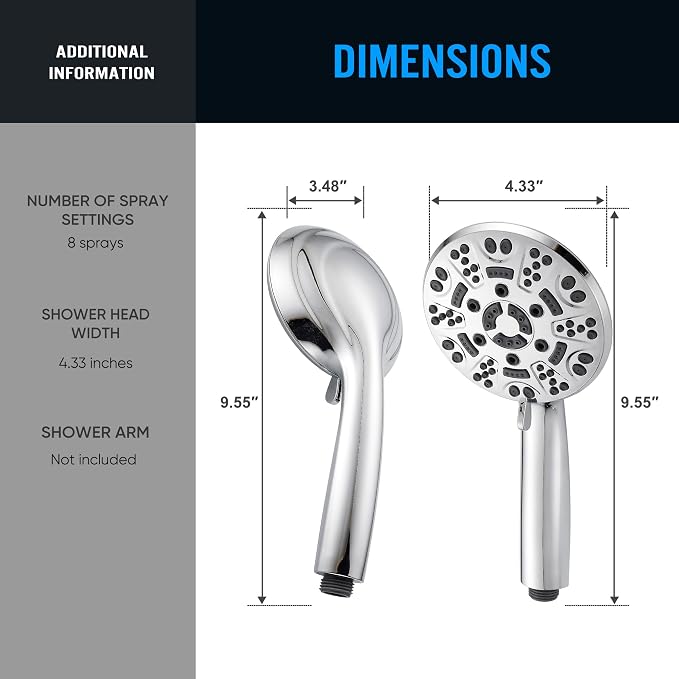 Cobbe 8-Setting Handheld Shower Head Bathroom Showerhead Set - Detachable Shower Heads with 5ft Stainless Steel Hose and Brass Swivel Bracket (Chrome)